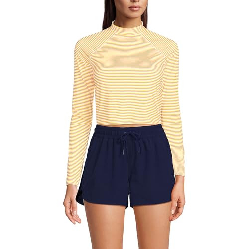 Lands' End Women's Long Sleeve Mock Neck Cropped UPF 50 Sun Protection Rash Guard Large Sweet Mango Mini Stripe