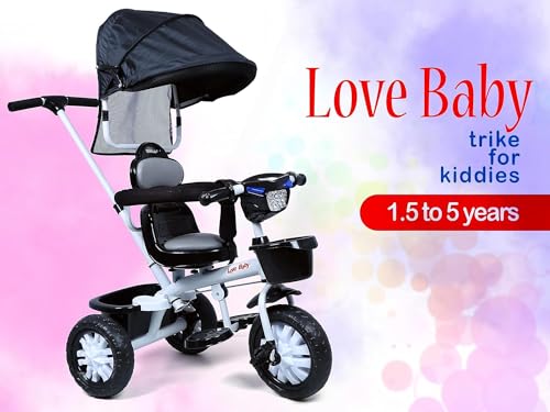 Image of Love Baby Kids Tricycle with Sunroof, Rotational Leather Seat, Light Music, Removable Canopy, Push Handle for 1 Year+ & 2 Year+ Toddlers, Preschoolers (Black)