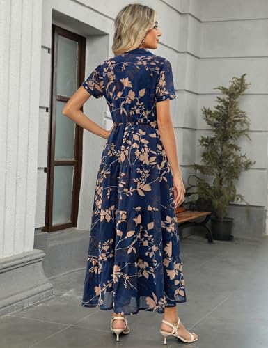 Image of Kranda Women 2026 Summer Collared V Neck Short Sleeve Button Down Chiffon Long Tiered Floral Maxi Dress with Pockets