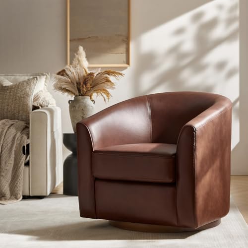 Image of HULALA HOME Genuine Leather Swivel Accent Chair with Solid Wood Base, Round Swivel Barrel Chair for Living Room and Bedroom, Brown