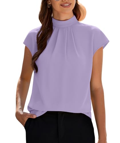 Image of Funlingo Womens Summer Tops Mock Neck Short Cap Sleeve Blouses Business Casual Work Chiffon Shirts Front Pleated Tunic Top