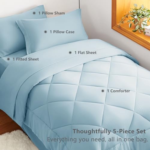 Image of CozyLux Twin XL Comforter Set Light Blue - 5 Pieces Twin Extra Long Bed in a Bag for College Dorm, All Season Bedding Set for Girls and Boys, Soft Bed Set with Comforter, Sheets, Pillowcase & Sham