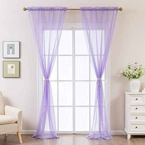 Image of Purple Sheer Curtains 72 Inches Long, Privacy Semi Sheer Curtains for Living Room Bedroom, Light Filtering Rod Pocket Voile Window Drapes 2 Panels Set, Each 42 inch W x 72 inch L