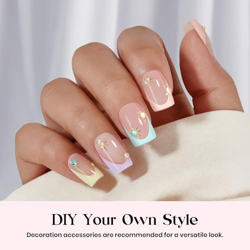 Image of Beetles French Tip Press On Nails 224 Pcs 7 Colors, Short Square Classic Fake Nail Tips, Pastel Romance Macaron Soft Nails Gel False Nail Art DIY For Women