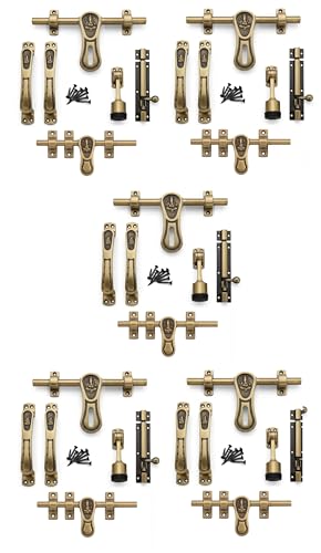 Image of Pack of 5 Set Aluminium Single Door Fitting Hardware Set (Antique Finish; 10-Inch) - Ganesh Design Kit (Aldrop; Latch; Handles; Tower Bolt & Stopper)