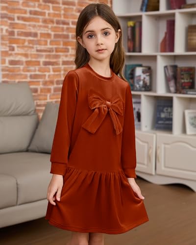 Toddler Girls Fall Dress: Velvet Long Sleeve Bow Tie Dresses for Casual Winter Christmas Holiday Party with 2-7T4