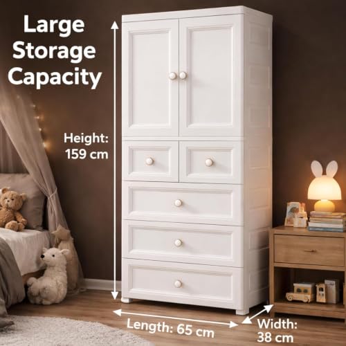 Image of Kids Plastic Collapsible Wardrobe Organizer for Storage with Drawers | Cute Cartoon Design | Heavy Duty Runner Rug Floor Mat Carpets Organizer Bedroom, Living Room (Beige, 2+5-Door)