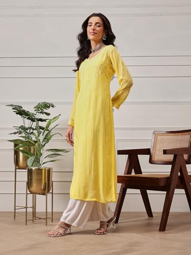 Image of Ada Hand Embroidered Lucknowi Chikankari Viscose Georgette Kurta Kurti for Women A411185
