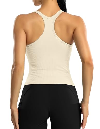 ATTRACO Women Ribbed Workout Crop Tops with Built in Bra Yoga Racerback Tank Top Tight Fit