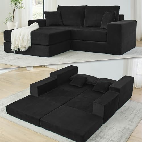 Image of Modular Boneless Floor Couch, Modern Cozy Corduroy Cloud Loveseat Couch with Ottoman, Memory Foam, Convertible Sleeper Sofa Bed for Living Room, Small Spaces, Assembly Free, Black
