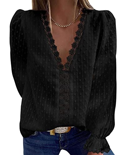 ABYOVRT Blusa Mujer Camiseta Cuello en V Suéter Casual Túnica Informal Manga Larga Otoño Invierno Gasa T Shirt Tops,Z-Negro,XL Cover
