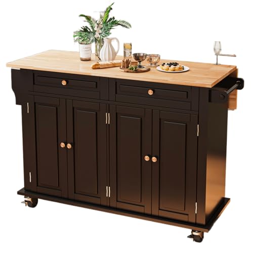 CayugaCrekrd Kitchen Island with Drop Leaf, Rolling Mobile Kitchen Island on Wheels with Drawer and Storage Cabinet, Spice Rack, Towel Bar, Black