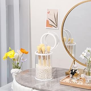 YAKALIKA White Makeup Brush Holder, Vintage Round Glass Cosmetics Brushes Organizer with Dustproof Lid, Large Capacity Storage Box for Vanity, Bathroom, Dresser, Countertop, Desk ( Pearls Included)