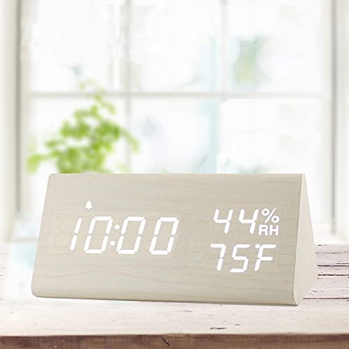 Image of Digital Alarm Clock, with Wooden Electronic LED Time Display, 3 Alarm Settings, Humidity & Temperature Detect, Wood Made Electric Clocks for Bedroom, Bedside (White)