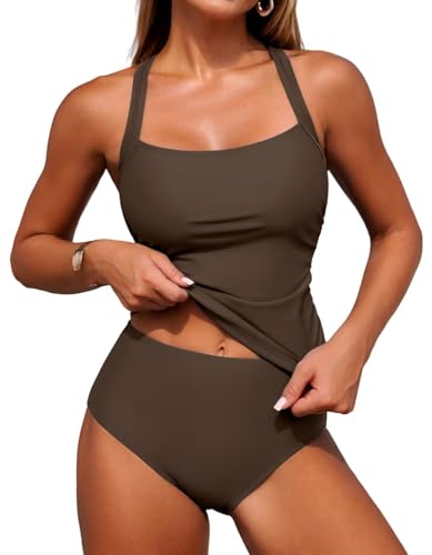 ZAFUL Tankini Swimsuits for Women Bathing Suits Tummy Control Two Piece Tankini Sets Ruched Tankini Tops with Bottom Brown M