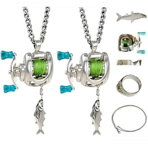 Mini Fishing Reel Necklace Set Used For Daily Wear And Gift Giving Capable Of Interactive Spinning Motion IsA Durable Alloy Fishing Pendant Cause Ideal For Angler Collectors (2 Pcs)