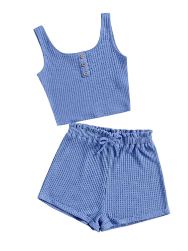 Image of RoseSeek Girl's 2 Piece Outfits Waffle Knit Scoop Neck Button Down Crop Tank Tops Paperbag Waist Track Shorts