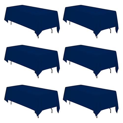 Image of BRILLMAX 6 Pack Navy Blue Tablecloths 70 x 120 Inch for 6ft & 8ft Rectangle Tables - 150 GSM Polyester Fabric, Universal Fit, Water, Stain & Wrinkle Resistant Cloth Cover for Wedding Banquet Dining