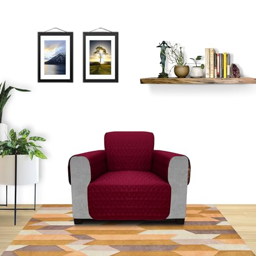 Image of Lithara 3 Layers Soft Quilted Reversible Sofa Cover Single Seater with Pockets | Dust Protective Quilted Fabric Sofa Seat Cover Beige & Maroon