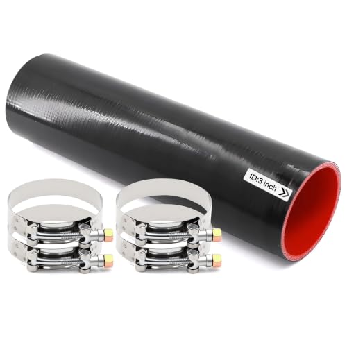 Image of ID 3in x 12in Length Straight Silicone Coupler Hose 4-Ply with 4 Stainless Steel T-Bolt Clamps as Turbo Intercooler Intake Pipe,Fits Pipe OD up to 3in(76mm)