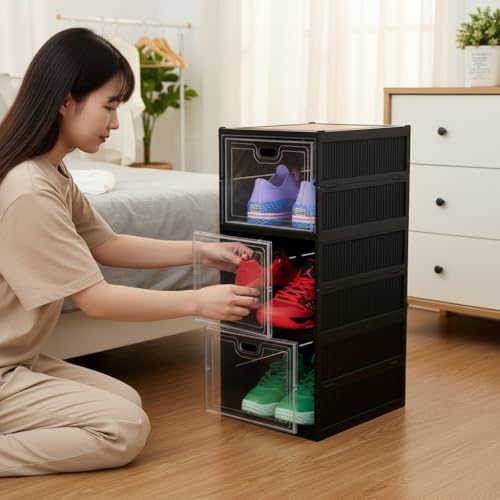 Image of Sulfar 3 Tier Shoe Rack Collapsible Shoe Organiser with Door - Foldable Sneaker Crates Footwear Organiser for Men, Women, Heels, Boots, Loafers, Sneakers, Slippers (Black)
