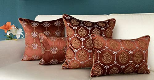 Image of TARA- Sparkling Homes 12 x 18 Inches Embroidered Velvet Cushion Covers, 'Padmini' from 'The Royal Collection', Set of 1 (Burnt Orange, 12 x 18 Inches)