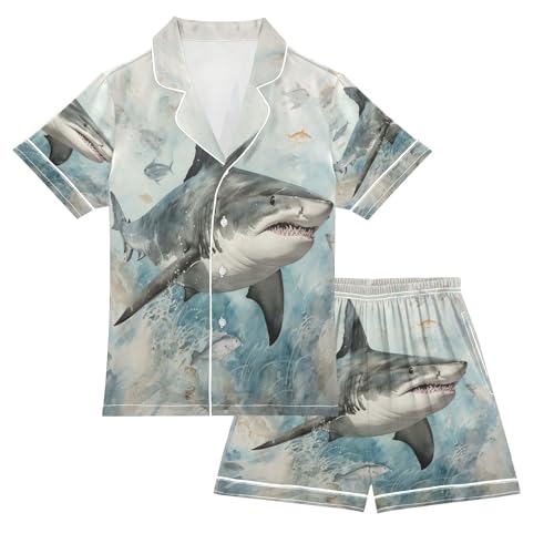 ALAZA Shark Flying Satin Pajamas Set Short Sleeve Button Down Sleepwear Summer Pjs 2 Piece