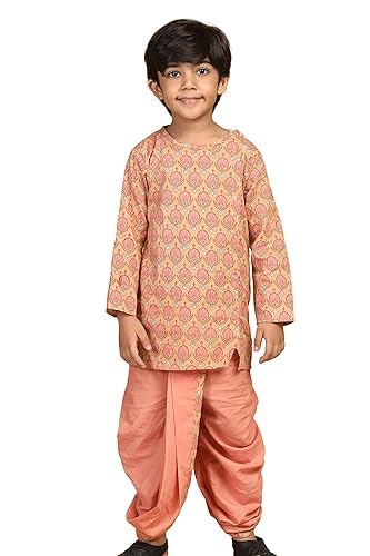 Image of AJ DEZINES Kids Cotton Printed Dhoti Kurta Set For Boys | Fashionable Bandhani Print Kurta | Stylish Boys Kurta Set | Perfect For Festivals Wedding & Family Function Wear