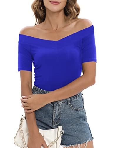Image of Sarin Mathews Womens Shirts Off The Shoulder Tops Sexy V Neck Slim Fit Shirts Tops Blouses