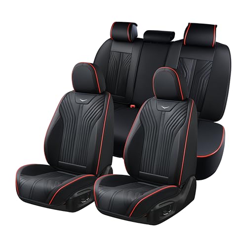 Image of FLORICH Seat Cover for Car Front and Back Seats Leather Automotive Seat Covers Car Seat Covers SUV Custom Waterproof Car Seat Protector Cushion Universal Fit for Most Cars Trucks SUV, Black&Red Line