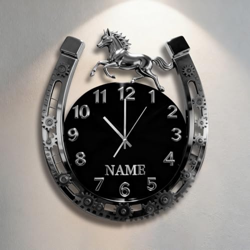 Horloge murale personnalisée en fer à cheval avec nom personnalisé, thème fer à cheval, art mural 2D de cheval pour la maison, chambre, salon, cadeaux de...