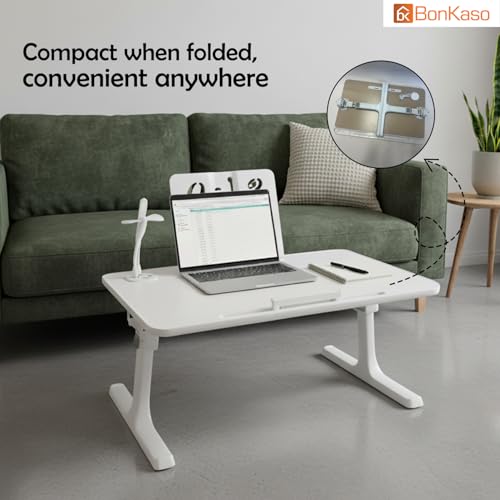 Image of BonKaso Adjustable Laptop Table for Bed (60x40 cm) | Foldable Lap Desk with Book Holder & Mobile Stand | Engineered Wood Portable Study Table for Work from Home, Reading & Study (White)