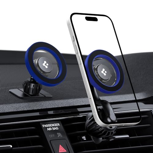Image of Spigen Magnetic Air Vent Car Mobile Holder, Super Strong Magnet, (Magnetic Ring & Extra Mini Dashboard Mount Included) for iPhone 17 /16 /15 /13 /12, Samsung Galaxy & More (MFT13-1,Extension Type) - Blue