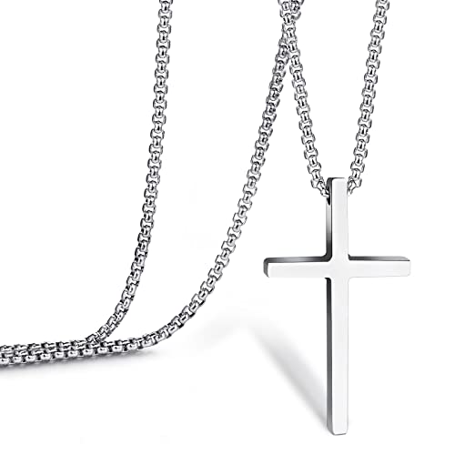 RIMOBUL Silver Cross Necklaces for Men and Women, Silver Polished Big Beveled Edge Cross Necklaces 316L Stainless Steel Cross Pendant Necklace, Length 23 Inches Silver Chain (Silver:Cross Pendant 1.61" X 0.9")