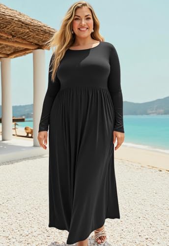 Image of Nemidor Plus Size Maxi Dress for Curvy Women Fall Casual Loose Long Sleeve Dresses with Pocket 14-26