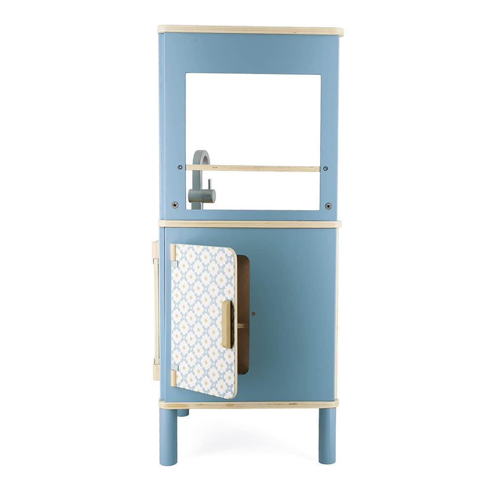 Janod - Trio Holzküche - Kompakte 3-seitige Küche - Küche und Essgeschirr Rollenspielzeug - Retro-Stil - 5 Metallutensilien - Farbe auf Wasserbasis - Ab 3 Jahre, J06546