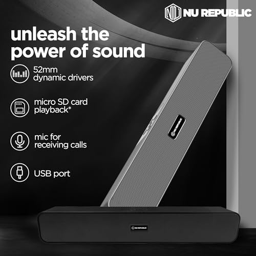 Image of Nu Republic Soundbar 20 Bluetooth Soundbar with X-Bass Technology, 52mm Dynamic Drivers, Upto 12 Hrs Playtime, 20 W Output, Aux /USB Port (5.0 Channel) (Silver)