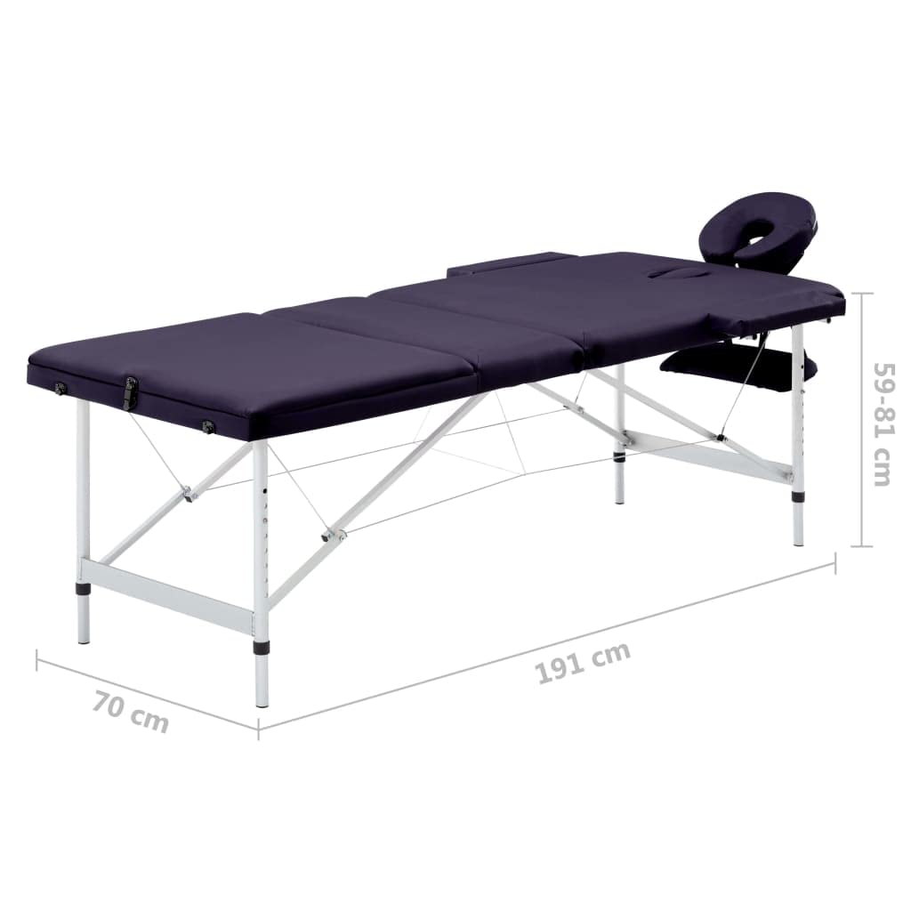 Klappbare Massageliege 3 Zonen mit Aluminiumgestell, 30 mm Polsterung, 191 x 70 cm, violett, tragbar für Praxis Salon Spa Studio Massage Entspannung Körperpflege