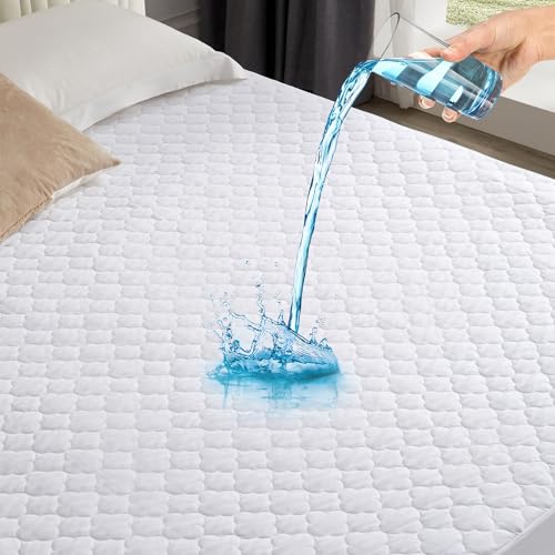 King Quilted Fitted Waterproof Mattress Protector, Noiseless Mattress Cover with 6"-18" Deep Pocket, Breathable and Soft Waterproof Mattress Pad Mattress Topper