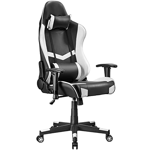 TLGREEN Gaming Stuhl Ergonomisch Gamer Stuhl mit Lordosenstütze 90°-160° Neigungswinkel Computerstuhl Höhenverstellbarer Einteiliger Stahlrahmen 360° Drehstuhl mit Einstellbare Armlehne, Weiß