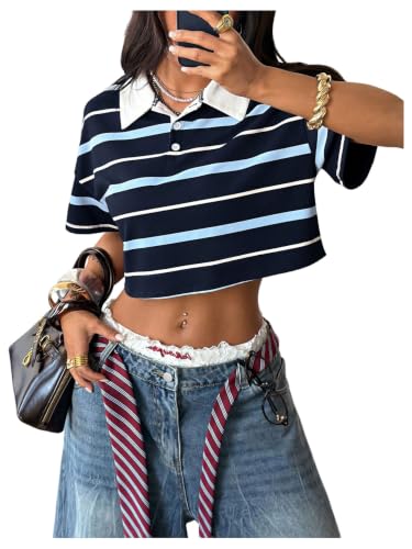 Image of RoseSeek Women's Preppy Striped Button Down Crop Tops Collar Neck T Shirt
