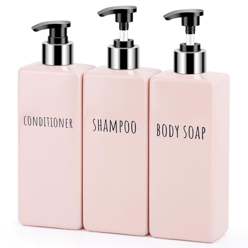 Segbeauty Dispenser Sapone Doccia, 3 Pezzi 500ml Dispenser Sapone Mani, Dispenser Sapone Plastica, Dispenser Doccia Shampoo e Bagnoschiuma, Dosasapone Bagno con Etichette Stampat (Rosa)