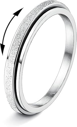 Diamday Fidget Rings for Women Men - 2mm Silver Spinner Stainless Steel Ring for Anxiety Stress Relief Glitter Sandblast Spinning Figit Anxiety Jewelry for Wedding Promise Size 8