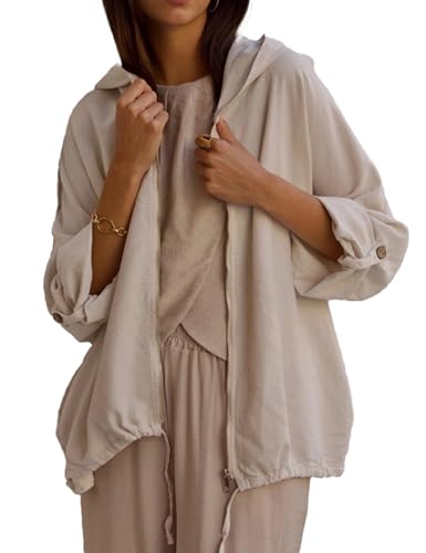 Fiona Jolin Women 2025 Fall Cotton Linen Hoodies Jackets Casual Zipper Elastic Hem Adjustable Sleeve Outwear with Pockets