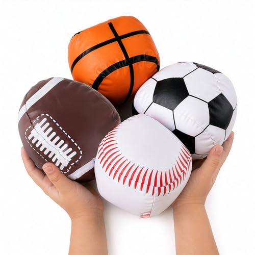 Liberty Imports 4 Pk Soft Stuffed PU Sports Balls for Kids, Toddlers - Football Baseball Basketball Soccer