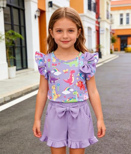 Image of Barlver Girls 2 Piece Short Set Baby Girl Summer Clothes Ruffle Sleeve T-Shirt and Bow Knot Shorts Toddler Girl Outfit Set
