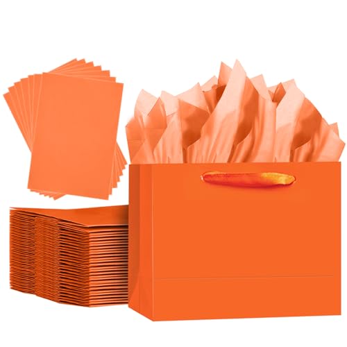 qiqee 5PCS Bright Orange Gift Bags with Ribbon Handles 9.6x7.9x4.3 Medium Size Gift Bags (Tissue Paper included Medium Wide)