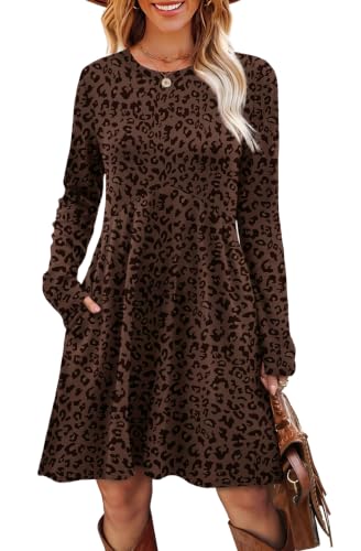 Image of OFEEFAN Long Sleeve Dress for Women Crew Neck Empire Waist Tunic Dress with Pockets