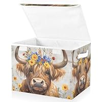 Mnsruu Cute Highland Cow Flowers Storage Boxes with Lids, Large Storage Basket Organizer Shelves Cube Bin Toy Clothes Underbed