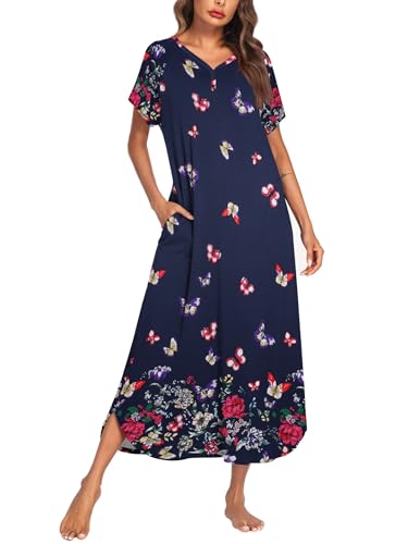 Image of Ekouaer Long Nightgown Women's Loungewear Short Sleeve Sleepwear Full Length Sleep Shirt with Pockets
